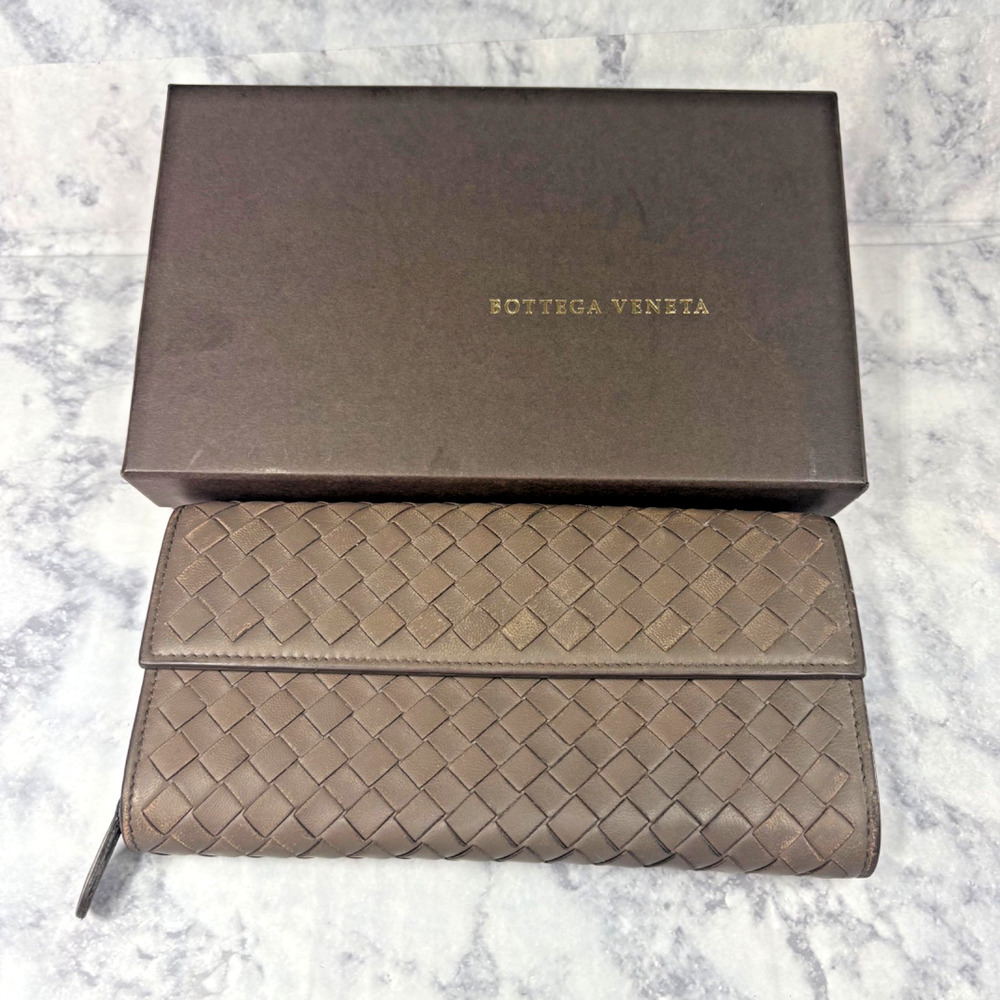 Bottega Veneta Intrecciato Wallet Brown Woven Leather Continental Long Zip w Box